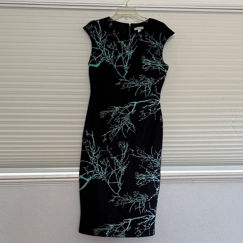 New York & Company Black and Blue Branch Print Midi Dress - Picture 2 of 5